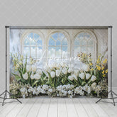 Aperturee - Aperturee White Window Mural Floral Greenry Spring Backdrop